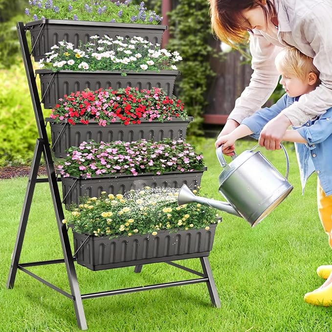 Suyncll Vertical Raised Garden Bed Planter Box,5 Tiers Vertical Garden Planter with Drainage System&4 Hooks for Herb Vegetables Flowers
