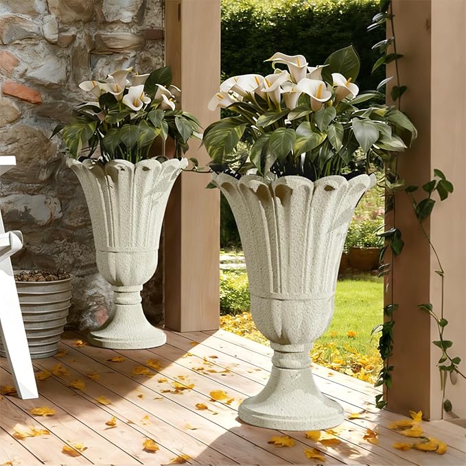 Tall Plastic Urn Planters for Outdoor Plants Set of 2-23.6" H Classic Petal Design Indoor Large Flower Pots with Drainage Holes, Outdoor Planters for Porch Decor/Garden Vase, Beige/Off White