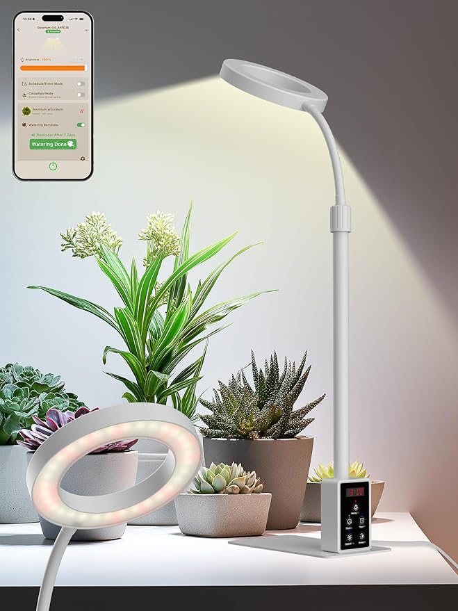 Smart Grow Lights for Indoor Plants, Plant Light with Auto-Timer, Full Spectrum LED Grow Light, Adjustable Height & Stepless Dimming,Plant Assistant Suitable for Most Plants (White, 12W)