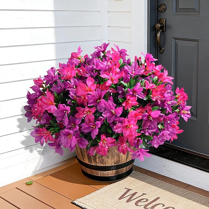 INSPRING Artificial Flowers Fake Plants for Outdoors Spring Summer Decoration, 3 Bundles Faux Silk Azalea UV Resistant Outdoor Flowers Realistic for Planters Outside Patio Porch Garden Home Decor, Mix
