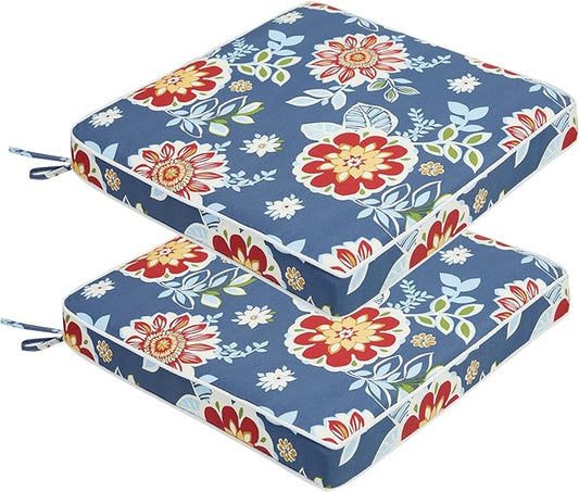 JMGBird Outdoor Chair Cushions Set of 2 - Waterproof Patio Seat Cushions 19x19 Inch with Ties, Blue Flower Floral Pattern High Density Foam Square Cushions for Garden Furniture