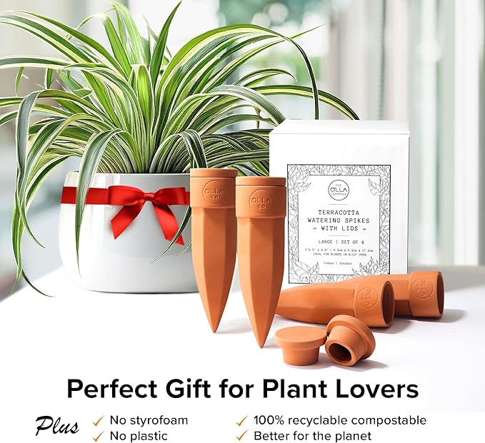 Plant Watering Spikes with Lids - Ideal for 8”-12” Pots - Vacation Friendly - Terracotta - Large - Set of 4