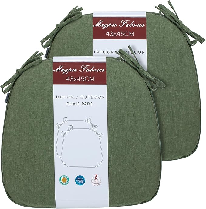 Magpie Fabrics 17"x16"x2" U-Shape Chair Cushions with Ties 2 Count, Outdoor Indoor Waterproof All Weather Seat Pads Decoration for Patio Garden Dining Office - Green
