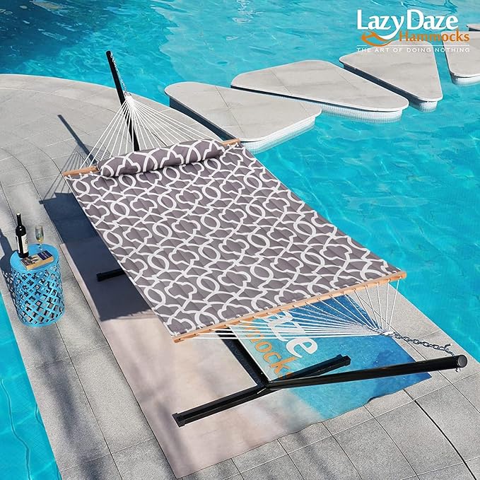 Lazy Daze Quilted Fabric Hammock with 12-Foot Stand, Double 2-Person Hammock with Pillow for Outdoor Outside Patio, Garden, Backyard, 450LB Capacity, Gray Print