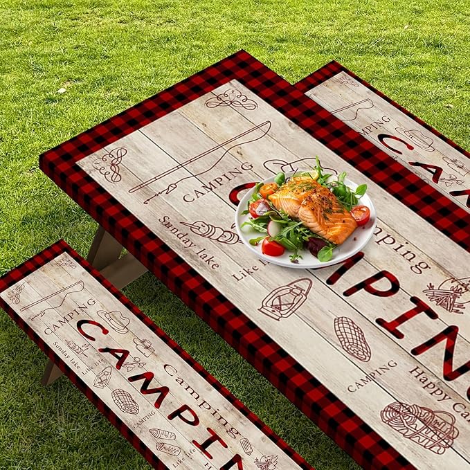 Picnic Table Cover with Bench Covers Elastic Edges, Red Plaid Fitted Table Cover, Outdoor Patio Camping Essentials 72 Inch 3PCS, Waterproof Camping Fitted Tablecloth with Drawstring Bag