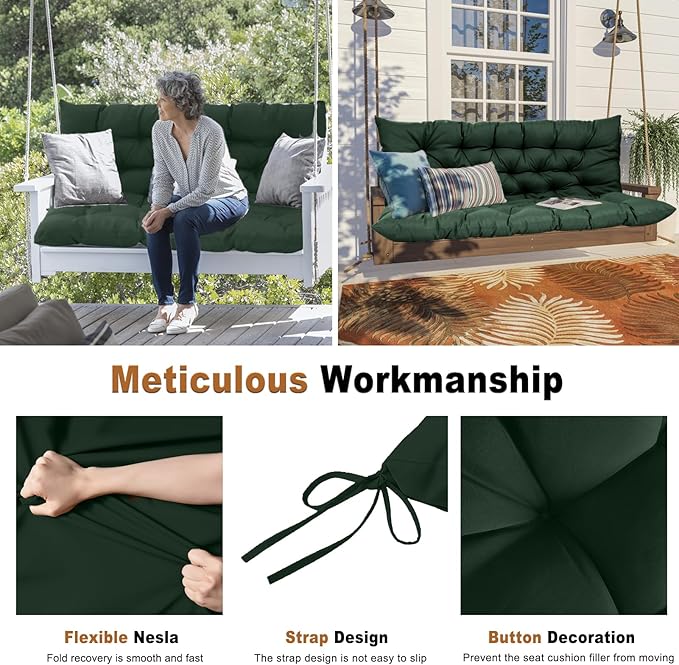 2-3 Seat Swing Replacement Cushion, Outdoor Bench Cushions with Backrest Thicken 4", Patio Furniture Garden Porch Loveseat Glider Pad Anti-Fading Waterproof (Dark Green, 40x60in)