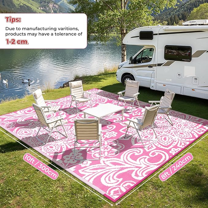 Findosom Waterproof Outdoor Rug 8' x 10' - Reversible Mandala Outdoor Plastic Straw Rug, Durable Foldable Patio Rug for RV, Deck, Balcony, Backyard, Picnic, Porch, Camping, Beach, Pink