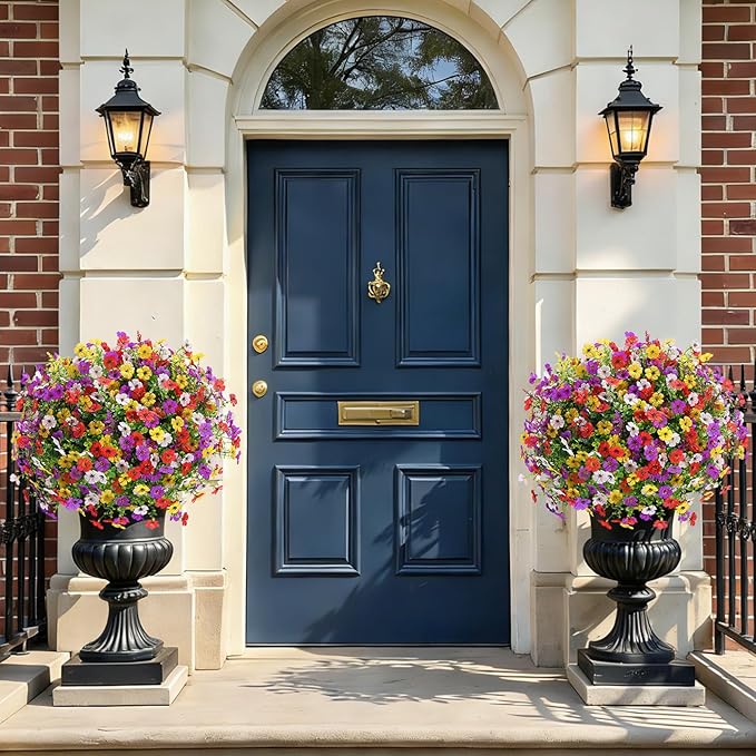SHareconn 24 Bundles Artificial Flowers for Outdoors Decoration, Faux Plants Fake Silk Colorful Daisy Eucalyptus Lavender, UV Resistant for Outside Home Porch Indoor Spring Decor, RedPurpleYellowWhite