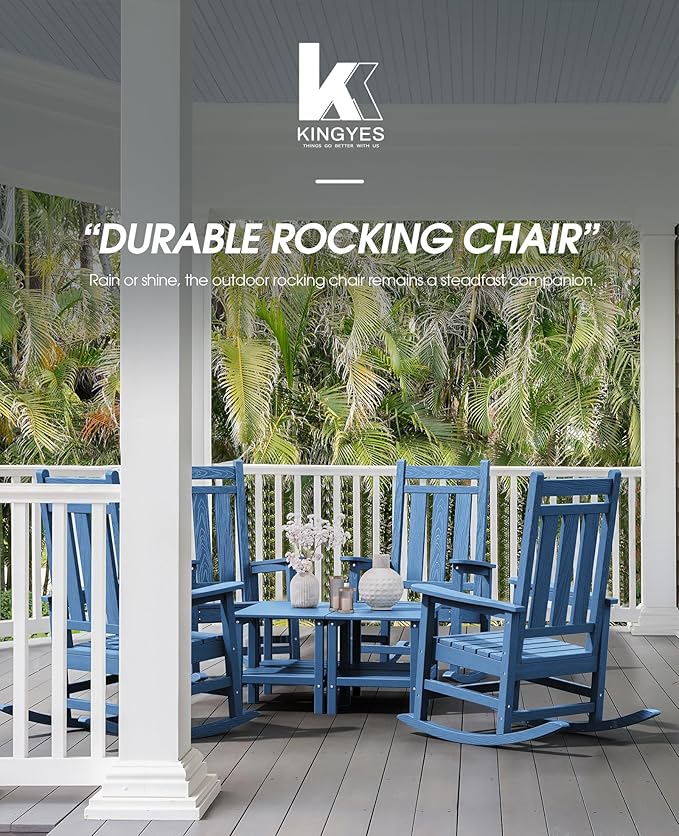 KINGYES Outdoor Rocking Chair Set of 2, All-Weather Patio Rocking Chairs for Porch, HDPE Rocking Outdoor Chairs with High Back for Adult, Heavy Duty Outdoor Patio Rockers for Garden, Lawn, Blue