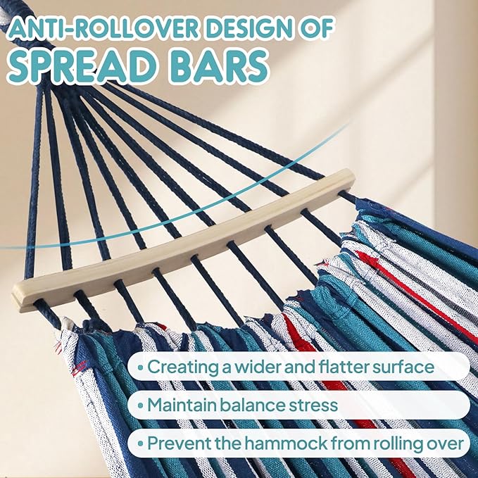 Anyoo Garden Cotton Hammock Comfortable Fabric Hammock with Spreader Bar Sturdy Hammocks Up to 450lbs Portable Lightweight Hammocks with Travel Bag for Camping Outdoor/Indoor Patio Backyard