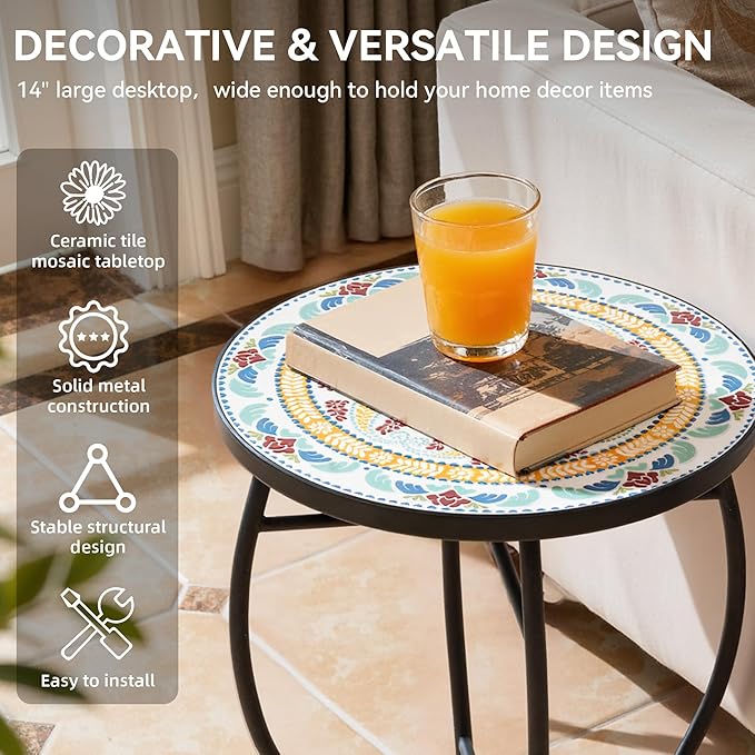 Side Table Outdoor, Mosaic Patio Table Plant Stand, 22" H Iron Coffee End Table,Weather Resistant Tile Top Metal Drink Bar Table for Indoor Garden Balcony Yard Bistro Balcony