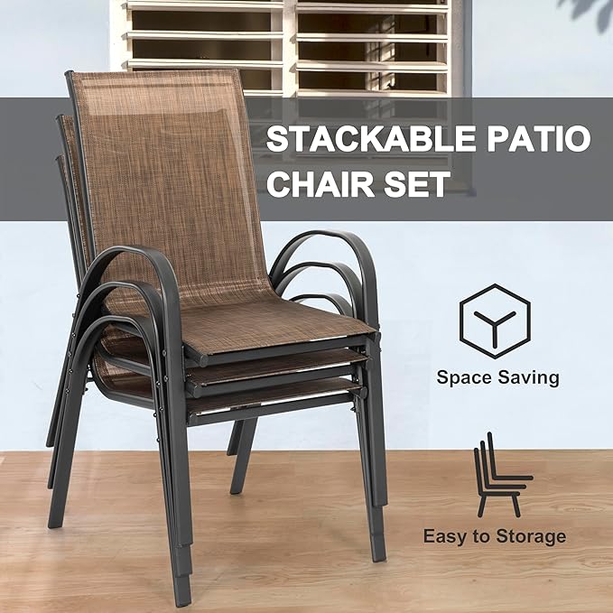 NUU GARDEN Set of 4 Patio Dining Chairs Outdoor Stackable Chairs with High Back All Weather Textilene Seats Metal Frame Breathable Garden Chairs for Deck Backyard Brown