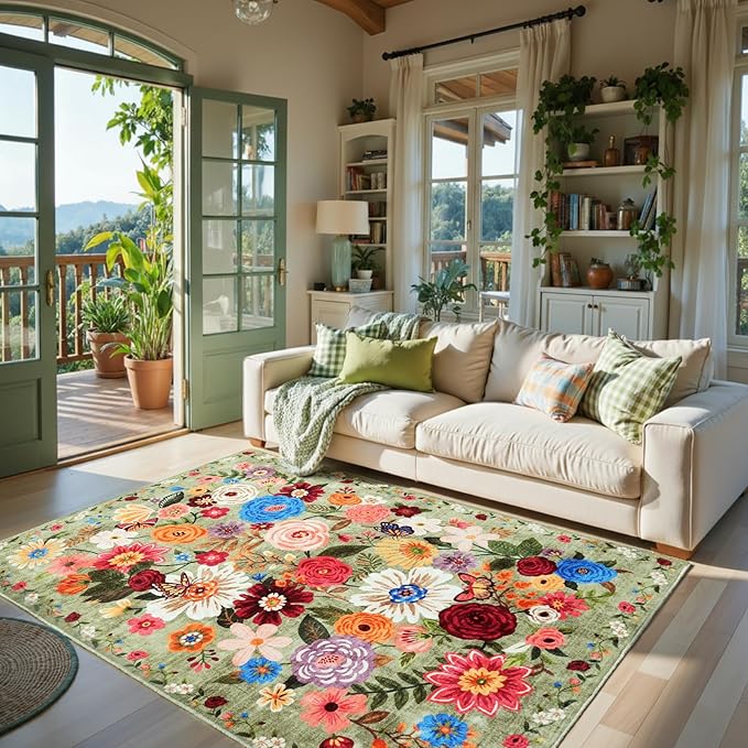 Green Living Room Rugs, Area Rugs 5x8 Rug for Bedroom Ultra-Thin Soft, Non-Slip Washable Rugs Stain Resistant Boho Rug Low-Pile Throw Rug for ‎Dining Room Office (5 x 8, Green Garden)