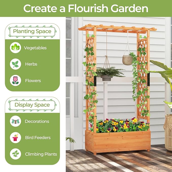 HAPPYGRILL 72" Raised Garden Bed with Trellis, Freestanding Wood Planter Box w/Hanging Roof & 2 Drainage Holes for Vine, Climbing Plants, Flowers, Outdoor Planter w/Trellis for Garden, Patio, Yard