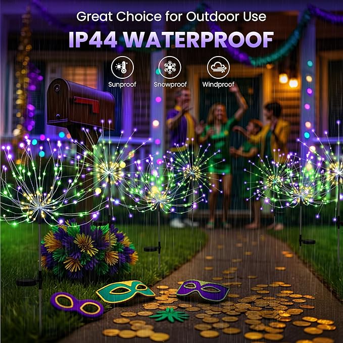 Mardi Gras Solar Lights Outdoor, 4 Pack Solar Garden Lights Outside Fairy Firework Decorative,Solar Powered for Mardi Gras,Yard Pathway Party Balcony Patio Decor (Purple, Green, Yellow)