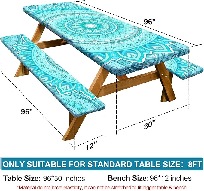 Picnic Table Cover with Bench Covers Camping Essentials Waterproof Windproof Camping Tablecloth with Drawstring Bag, Fitted Rectangle Tables and Seats, 96in, Ice Blue
