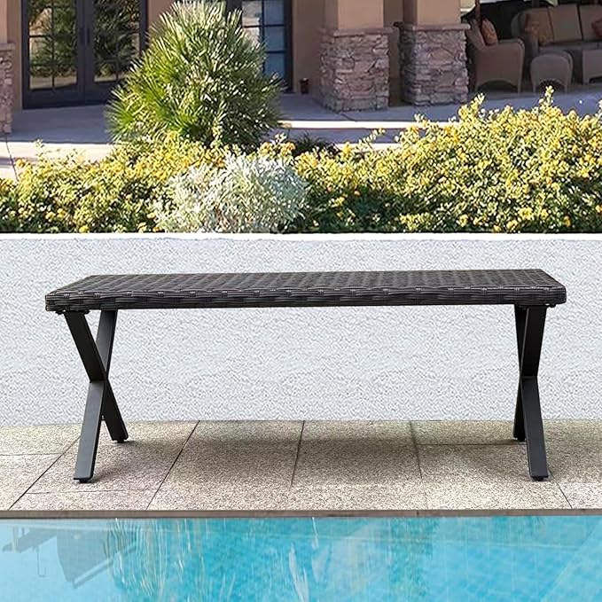 46” Black Rattan Bench with Metal X-Legs, Wicker Frame Patio Bench for Hallway, All Weather Outdoor Bench for Garden, Backyard, Porch