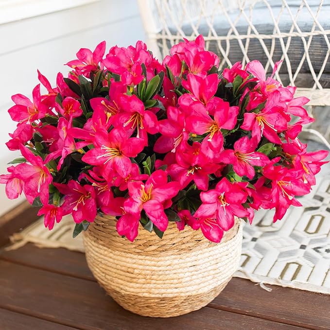 INSPRING Artificial Flowers for Outdoors Outside Decoration, 3 Bundles Spring Fake Silk Azalea Plants UV Resistant Realistic Faux Flowers for Outdoor Planter Front Door Patio Garden Home, Hotpink