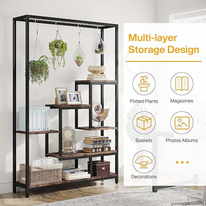 Tribesigns 5-Tier Tall Indoor Plant Stand, 70.9 inches Large Metal Plant Shelf with 6PC S Hanging Hooks, Multi-Purpose Flower Bonsai Pots Display Rack for Indoor, Garden, Balcony, Living Room