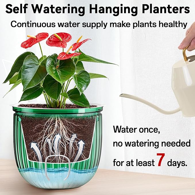 Halatool 2 Pack 6.5 Inch Self-Watering Hanging Planters for Plants, Indoor Hanging Flower Pots for Garden Home Wall Decor, Green