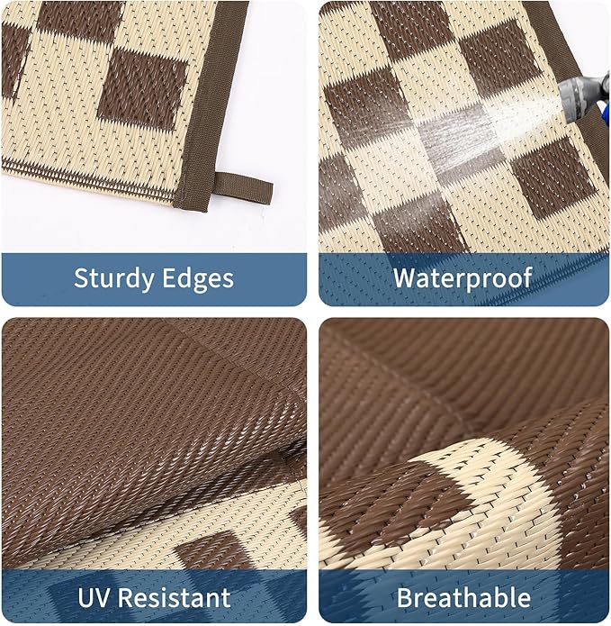Garvee Outdoor Waterproof Rug 9x18 Large Modern Neutral Outdoor Patio Rugs, Reversible Fade-Proof & Weather Resistant Large Area Rug Mats for Rv Deck Porch Picnic Beach Balcony,Brown & Beige