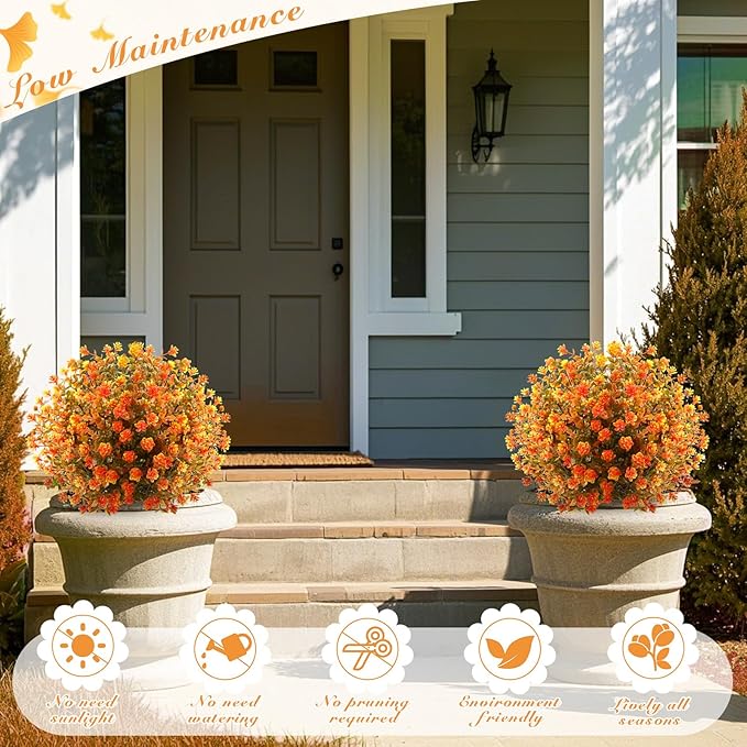 Yunlly 2 Pcs Outdoor Artificial Topiary Ball Trees 22" with Colorful Flowers, Boxwood Fake Bushes Shrubs with Spike, UV Resistant Evergreen Plants for Front Porch Garden Decor (Fall Orangegreen)