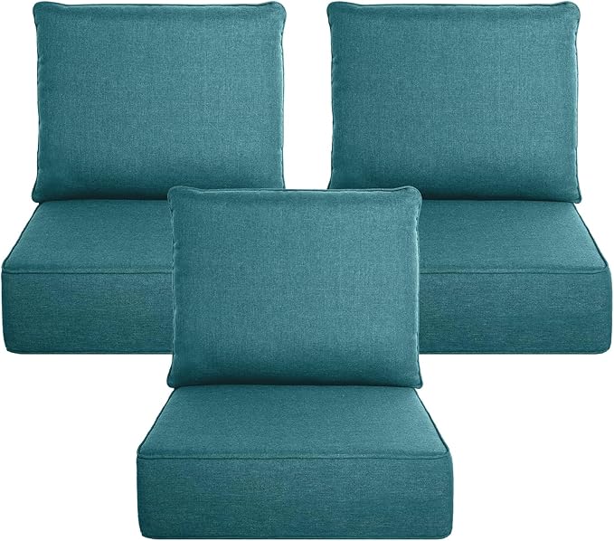 Belord Luxury 6" Thick Outdoor Cushion 3 Set - 22 x24 Inch 28D Sponge Filling Fade-Resistant Chair Cushion, Spill Proof Removable Patio Furniture Replacement Cushion for Bench Swing - Peacock Blue