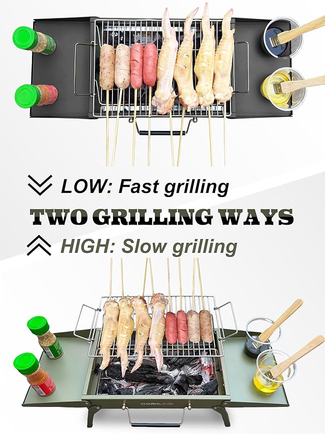Charmline 15x11 inches Portable Charcoal Grill, Compact Portable BBQ Grill, Tabletop Charcoal Grills for Camping, Picnics, Gardens and Beach Parties, Green