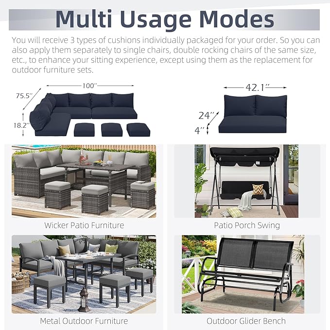 U-MAX Outdoor Cushions, 4 inch Memory Foam Patio Replacement for Outdoor Furniture, Fits 7-Seats Sectional Rattan Conversation Set, Splashproof Covers (Navy)