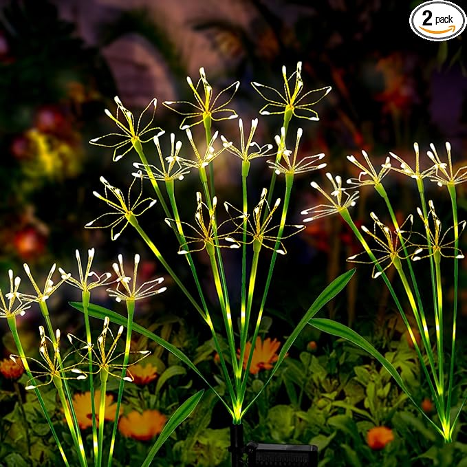 Solar Garden Lights Outdoor: Waterproof 2-Pack DIY Decorative Firework Lights with 2 Modes for Yard Patio Pathway Outside Fairy Decor - Christmas Gifts for Women Mom Mothers Day Warm White