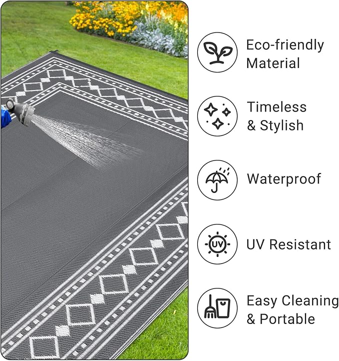 Garvee Outdoor Rug 8 x 10 Patio Waterproof, Foldable Reversible Plastic Straw Area Rugs Mat for Camper Decor, Outside Carpet for Rv, Deck, Porch, Picnic, Beach, Balcony (White/Grey)