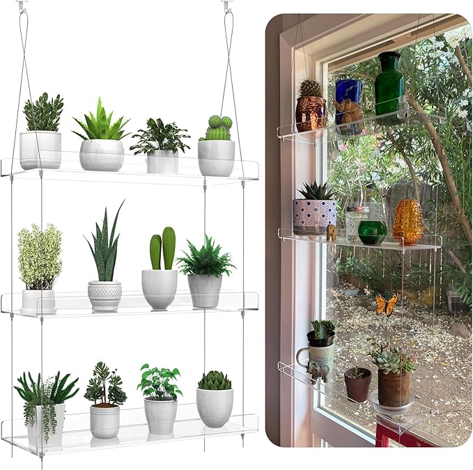 3-Tier Hanging Clear Plant Shelves for Windows, Acrylic Window Wall Plant Stand Shelf for Kitchen Indoor Gardens, Flower, Herb, Seedling Organization, and Pots Display, 16 Inch per Tier | for Windows, Window Wall, for Kitchen, Indoor Gardens, Flower, S...