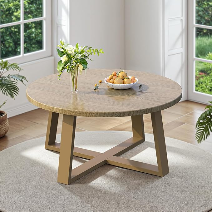 Indoor Round Coffee Table with 35.5” Woodgrain Finish Table Top, Outdoor Metal Modern Side Table 125lbs for Backyard Porch Balcony Living Room, Brown