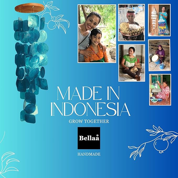 Bellaa Handmade Wind Chimes Outdoor, Musical, Garden Decorations, Outside Windchimes, Beach, Ocean, Breeze, Gifts for Mom, Capiz Sea Glass Shells Wood Rainbow