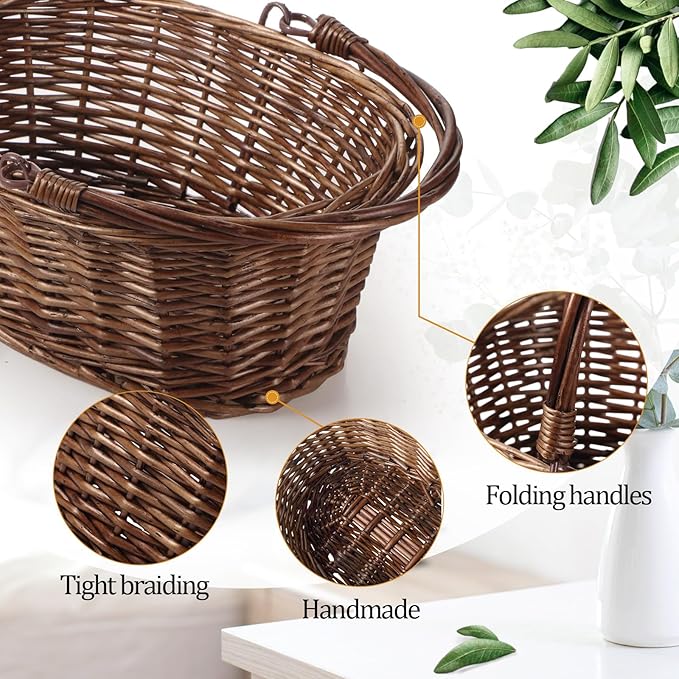 Barydat 6 Pcs Small Wicker Picnic Basket with Handle Flower Girl Baskets Oval Willow Woven Braided Gift Basket for Easter Weddings Baby Shower Home Garden Decor (Brown,9" x 7" x 4")