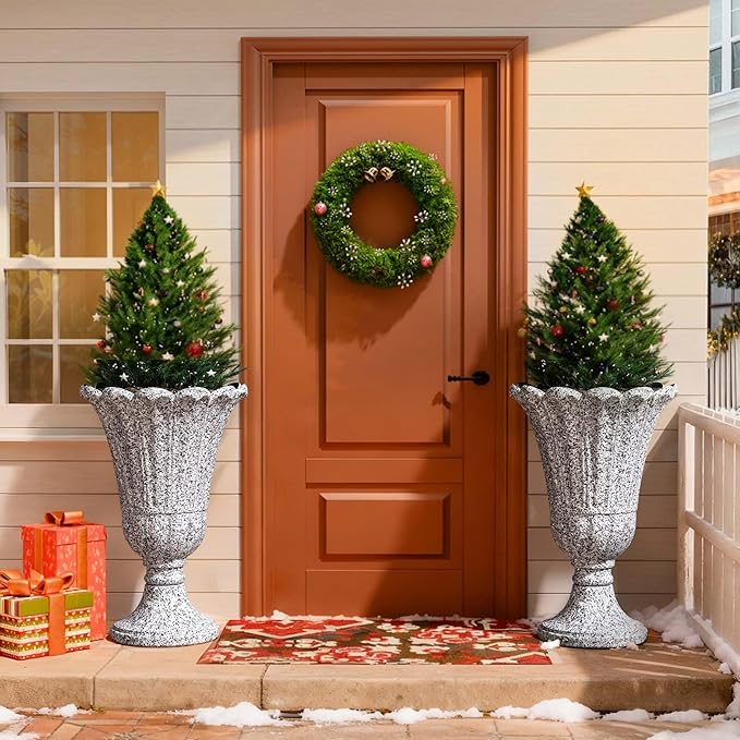 23.6" Tall Plastic Urn Planters for Outdoor Plants with Drainage Holes & Petal Design, Set of 2 Sturdy Base Classic Indoor Large Flower Pots, Outdoor Planters for Porch/Home/Garden, Slate Gray