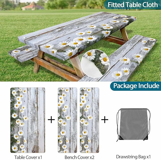 Picnic Table Cover with Bench Cover, Outdoor Patio Camping Essentials Farmhouse Daisy Wooden Table Covers with Elastic Waterproof Camping Tablecloth with Drawstring Bag, 96In 3PCS