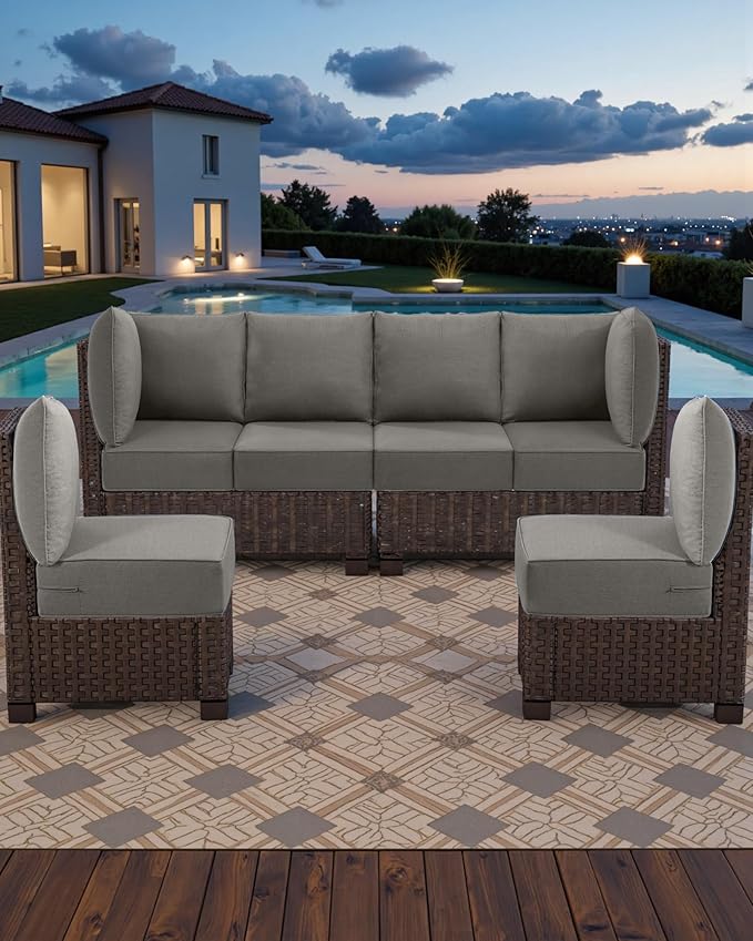 Luxury 24x24x6 Outdoor Seat Cushions for 6-Seat Sectional Sofa Set of 6 - Water-Repellent 14-Piece Patio Chair Cushion for Outside Rattan Wicker Loveseat Glider L-Shape Couch - Grey/Classic