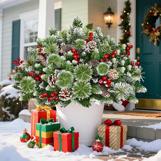 Timer - 2 Pack 24" Lighted Outdoor Christmas Tree Urn Fillers,Warm White&Colorful Lights 8 Mode Snowy Pinecone Red Berry Battery Operated Tripod Stake Holiday Planters Outdoor Christmas Decorations