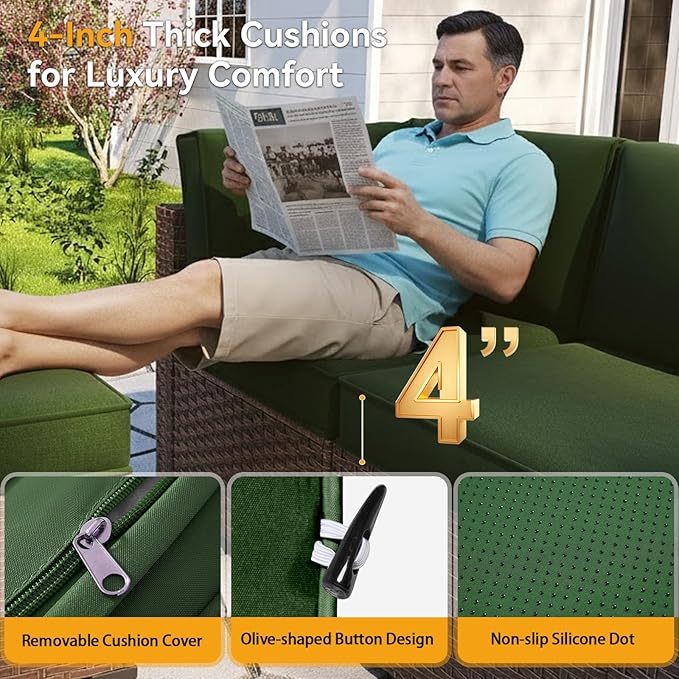 Aoxun Outdoor Replacement Cushions for Patio Furniture, 4'' Water-Repellent Sofa Cushion for 4-Seat Rattan Wicker Sectional, Deep Seats & Fade Resistant (9-Piece, Green)