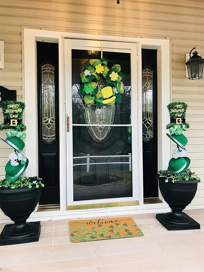 Lucky Clover Welcome Door Mat Outside Entrance, Faux-Coir Green Shamrock Thin Doormat, St. Patricks Day Decoration Outdoor Porch-Rug 17"X30" Non-Slip Dirt-Trapping for Home Garden Farm Spring Decor