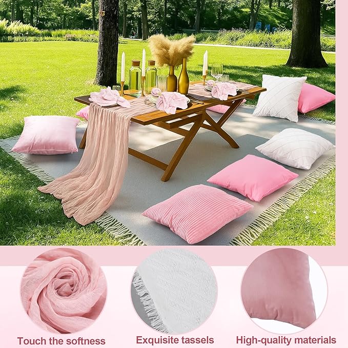 118 x 71" Extra Large Outdoor White Picnic Blankets with Pink Tulle Table Runner Cheesecloth Napkins Plush Throw Pillow Covers Oversize Beach Blanket Essentials for Wedding Picnic Camp(Stylish,14)
