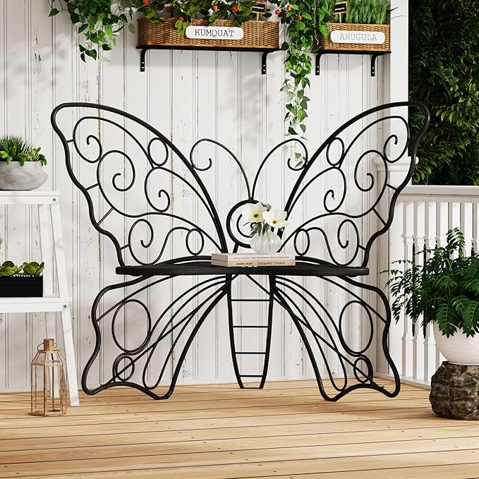 49 Inch Outdoor Bench, Black Garden Bench with Metal Frame, Weatherproof Butterfly Front Porch Benches for Lawn, Garden, Yard, Balcony