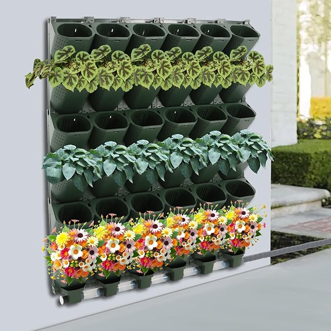 Self-Watering Wall-Mounted Planter, 36 Pots Wall Mounted Plastic Plant Grow Pot Vertical Garden Planter with Intelligent Control & Adjustable Irrigation System for Indoor Outdoor (Green, 36 Pots)