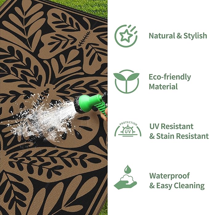 GENIMO Outdoor Rug 6' x 9' Waterproof for Patio Clearance, Reversible Plastic Straw Camping Mat, Lightweight Carpet for Rv, Camper, Deck, Porch, Picnic, Balcony, Beach, H.Black & Brown