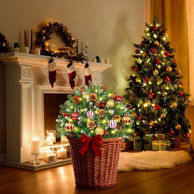 2 Pack 23" Outdoor Christmas Tree Urn Filler, Christmas Planter Filler with 50 LED Lights, Pine Cones, Christmas Balls & Red Berries, Tripod Stake for Outdoor Holiday Home Decorations