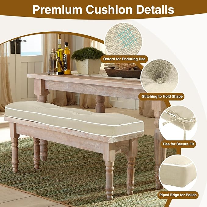 Favoyard Indoor/Outdoor Bench Cushion 36 x 14 Inch Waterproof & 3-Year Fade-Resistant Patio Furniture Cushions for Garden Porch Swing Chair Tufted Pad for Sofa Couch Seat with Ties, Beige