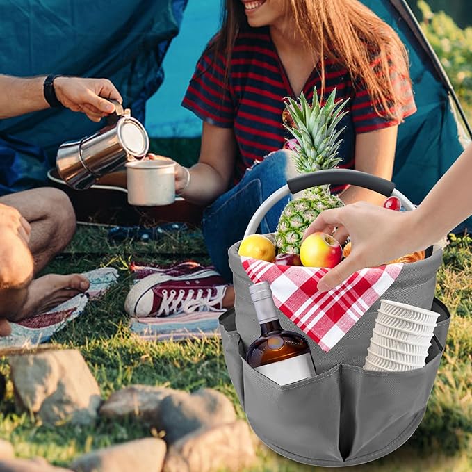 Deep Gray 17 L Picnic Garden Tool Bag with 6 Pockets, Foldable Bucket Organizer for Storage Camping Home Cleaning Products, Portable Garden Caddy Tote with Handle Harvest Basket (Deep Gray)