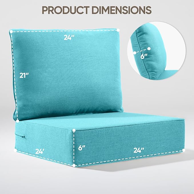 6" Thick Outdoor Cushion, 24*24*6" Patio Furniture Cushions with Waterproof Patio Furniture Cushions with Removable Cover, 28D High Density Patio Cushion for Outdoor Furniture, Light Blue-1pc