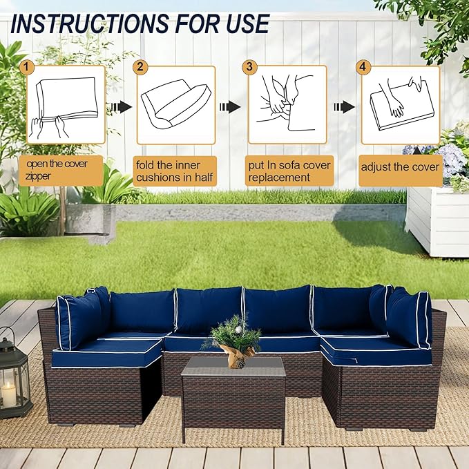 Outdoor Cushion Covers for Patio Furniture, Patio Cushion Covers Replacement with Zipper, Waterproof & Fade Resistant,Only Cover (Blue+White Side, 25.6Lx25.6Wx4H - Only Covers)